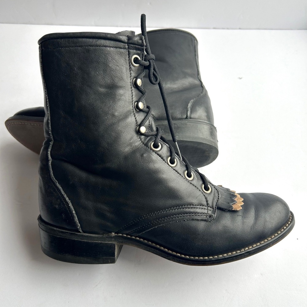 Laredo Lace Up Roper Boots Women 7 Black Leather Kiltie Western Cowgirl USA